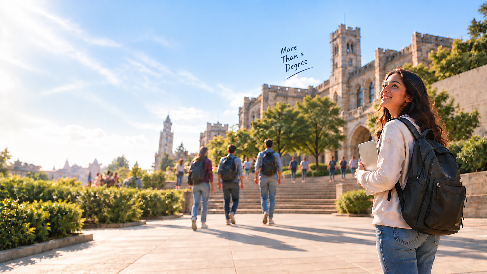 A student with a backpack walking across a university campus, smiling up at the historic stone buildings, with other students walking ahead of her and a handwritten "More Than a Degree" note beside the architecture