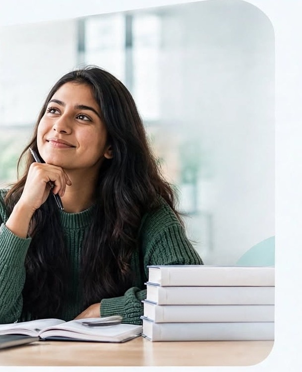 A commerce student at her desk with a laptop and an open notebook, looking up thoughtfully